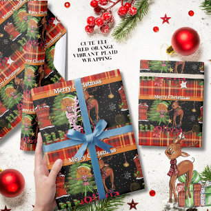 Persoonlijke Elfenmeisjesnaam Kerstmis Rode ruit Cadeaupapier