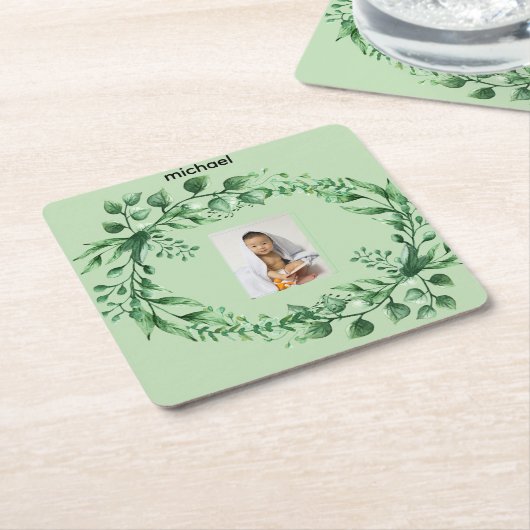 Persoonlijke eucalyptusbladeren met 1 afbeelding kartonnen onderzetters (Schuin)
