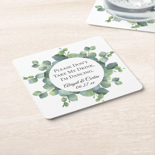 Persoonlijke eucalyptusbruiloft kartonnen onderzetters (Schuin)