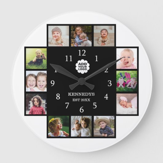 Persoonlijke familie 12 Foto Collage Logo Black   Grote Klok (Voorkant)
