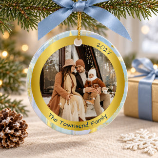 Persoonlijke familiefoto Kerstmis Blauw & Goud Keramisch Ornament