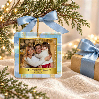 Persoonlijke familiefoto Kerstmis Blauw & Goud Keramisch Ornament