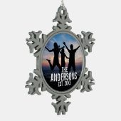 Persoonlijke familiefoto met familienaam tin sneeuwvlok ornament (Links)