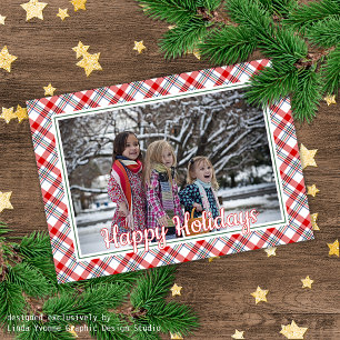 Persoonlijke familiefoto op geruite patroon vakant kaart