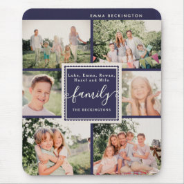 Persoonlijke familiefotocollage in marineblauw muismat
