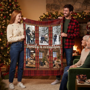 Persoonlijke familiefotocollage in rood geruit fleece deken