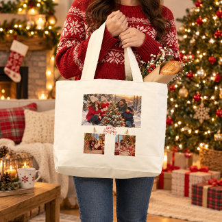 Persoonlijke familiefotocollage Kerstmis Grote Tote Bag