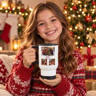 Persoonlijke familiefotocollage Kerstmis Reisbeker