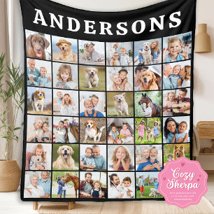Persoonlijke familiefotocollage met naam sherpa deken