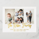 Persoonlijke familienaam 4 Foto Collage Folie Feestdagen Briefkaart<br><div class="desc">Verspreid de liefde met deze gepersonaliseerde vakantiefootkaart die een fotocollage en uw familienaam bevat. De rug heeft een vlek voor een douanebericht,  terugkeeradres,  en ontvankelijk adres. Om nog verder aan te passen,  klik op "geef uit gebruikend het Hulpmiddel van het Ontwerp." Koop vakantiekaarten en nog veel meer op www.zazzle.com/store/nbpaperco</div>