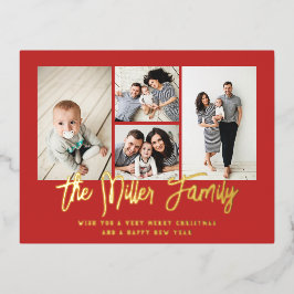 Persoonlijke familienaam 4 Foto Collage Folie Feestdagen Briefkaart