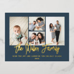 Persoonlijke familienaam 4 Foto Collage Folie Feestdagen Briefkaart<br><div class="desc">Verspreid de liefde met deze gepersonaliseerde vakantiefootkaart die een fotocollage en uw familienaam bevat. De rug heeft een vlek voor een douanebericht,  terugkeeradres,  en ontvankelijk adres. Om nog verder aan te passen,  klik op "geef uit gebruikend het Hulpmiddel van het Ontwerp." Koop vakantiekaarten en nog veel meer op www.zazzle.com/store/nbpaperco</div>