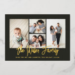 Persoonlijke familienaam 4 Foto Collage Folie Feestdagenkaart<br><div class="desc">Verspreid de liefde met deze gepersonaliseerde vakantiefootkaart die een fotocollage en uw familienaam bevat. Voeg een extra foto en een tekst aan de rug toe. Om nog verder aan te passen,  klik op "geef uit gebruikend het Hulpmiddel van het Ontwerp." Koop vakantiekaarten en nog veel meer op www.zazzle.com/store/nbpaperco</div>