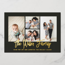 Persoonlijke familienaam 4 Foto Collage Folie Feestdagenkaart