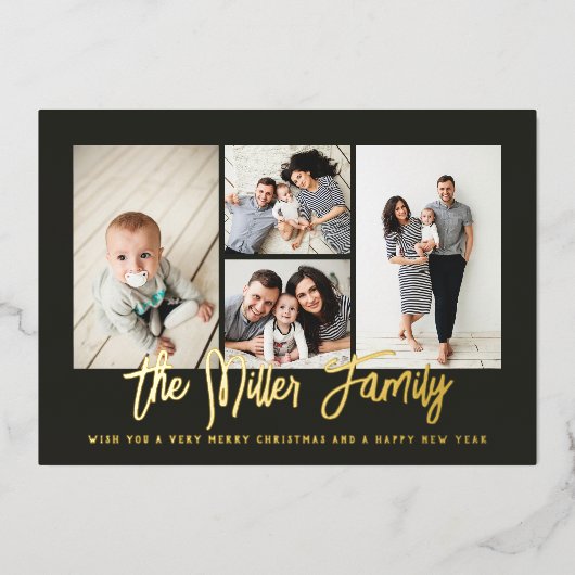 Persoonlijke familienaam 4 Foto Collage Folie Feestdagenkaart (Voorkant)