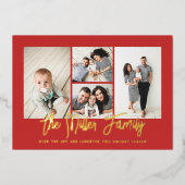 Persoonlijke familienaam 4 Foto Collage Folie Feestdagenkaart (Voorkant)