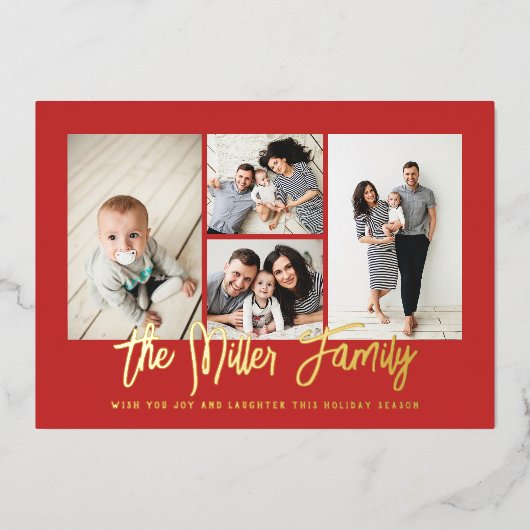 Persoonlijke familienaam 4 Foto Collage Folie Feestdagenkaart (Voorkant)