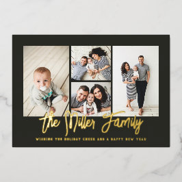 Persoonlijke familienaam 4 Foto Collage Folie Holi Folie Feestdagenkaart