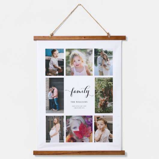 Persoonlijke familienaam 8 Foto Collage Hangend Wandkleed (Voorkant)