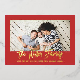 Persoonlijke familienaam Foto Rood Folie Feestdagenkaart