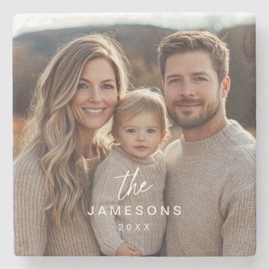 Persoonlijke familienaam Foto Stenen Onderzetter (Voorkant)