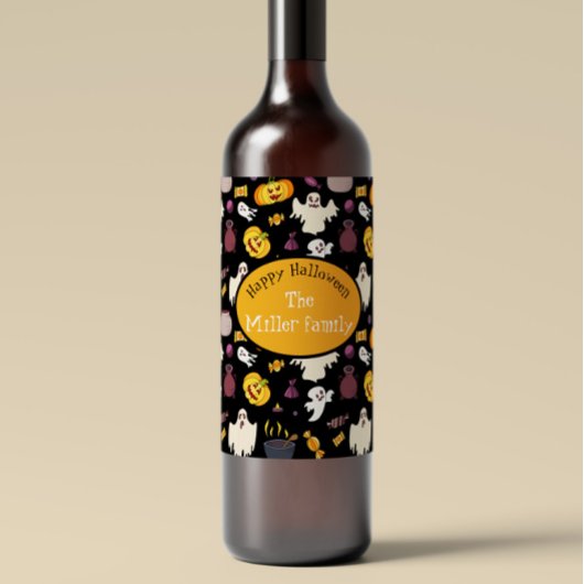 Persoonlijke familienaam Halloween Party Wijn Etiket
