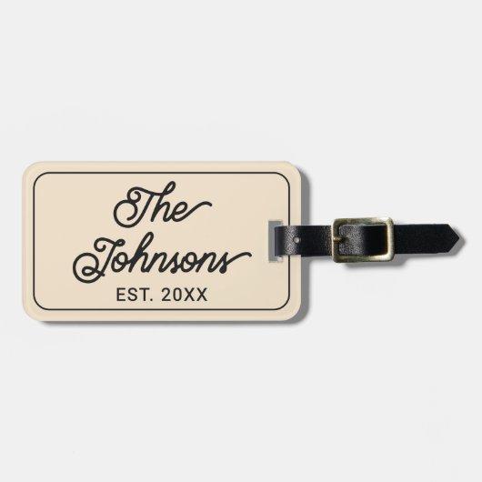 Persoonlijke familienaam in elegante beige script bagagelabel (Voorkant horizontaal)