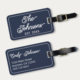 Persoonlijke familienaam in elegante script Navy Bagagelabel