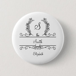 Persoonlijke familienaam in script met bladeren ronde button 5,7 cm