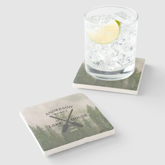 Persoonlijke familienaam Lake House Stenen Onderzetter (Zijkant)