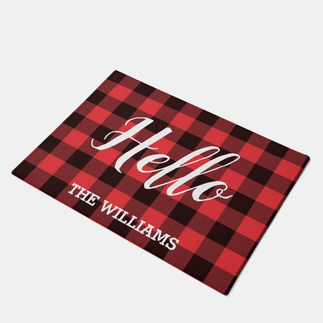 Persoonlijke familienaam met Hallo buffalo plaid Deurmat (Schuin)