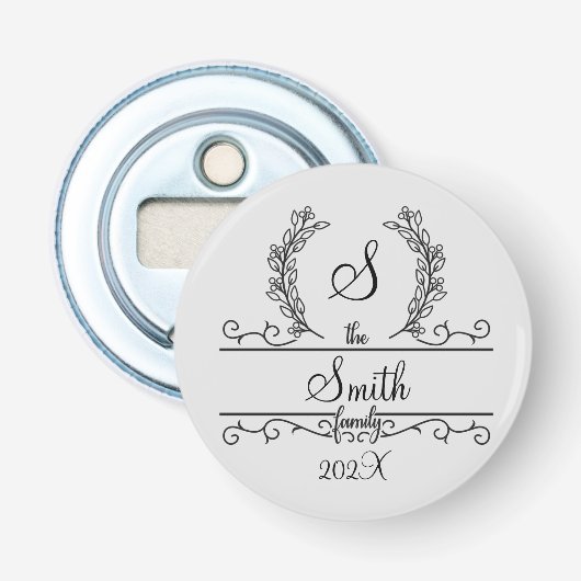 Persoonlijke familienaam met monogram button flesopener (Voorkant)