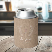 Persoonlijke familienaam monogram rustic burlap blikjeskoeler