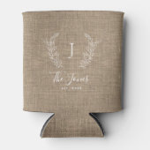 Persoonlijke familienaam monogram rustic burlap blikjeskoeler (Voorkant)