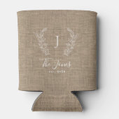 Persoonlijke familienaam monogram rustic burlap blikjeskoeler (Achterkant)