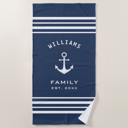 Persoonlijke familienaam Nautical Blue en White Strandlaken (Voorkant)