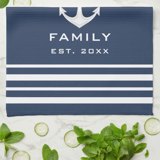 Persoonlijke familienaam Nautical Blue en White Theedoek (Gevouwen)