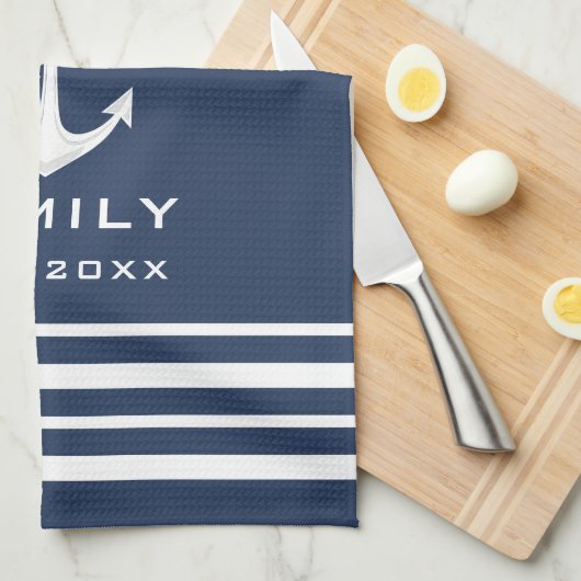 Persoonlijke familienaam Nautical Blue en White Theedoek (Quarter Fold)