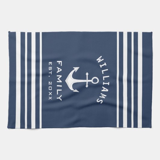 Persoonlijke familienaam Nautical Blue en White Theedoek (Horizontaal)