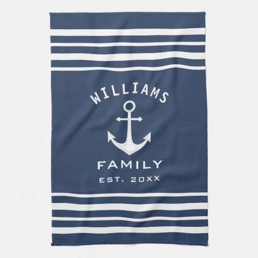 Persoonlijke familienaam Nautical Blue en White Theedoek (Verticaal)