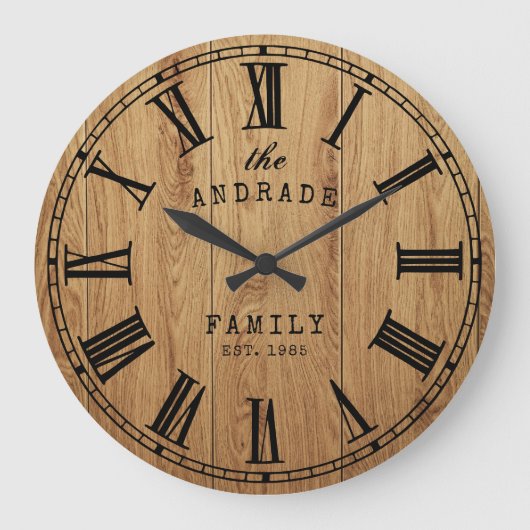 Persoonlijke familienaam Rustic Farmhouse Wooden Grote Klok (Voorkant)