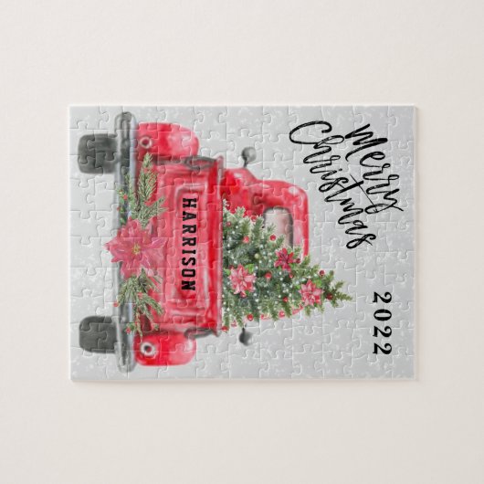 Persoonlijke familienaam Rustic Red Truck Holiday Legpuzzel (Horizontaal)