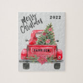 Persoonlijke familienaam Rustic Red Truck Holiday Legpuzzel (Verticaal)