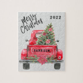 Persoonlijke familienaam Rustic Red Truck Holiday Legpuzzel
