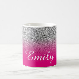 Persoonlijke Faux Silver Hot Pink Ombre Glitter Koffiemok
