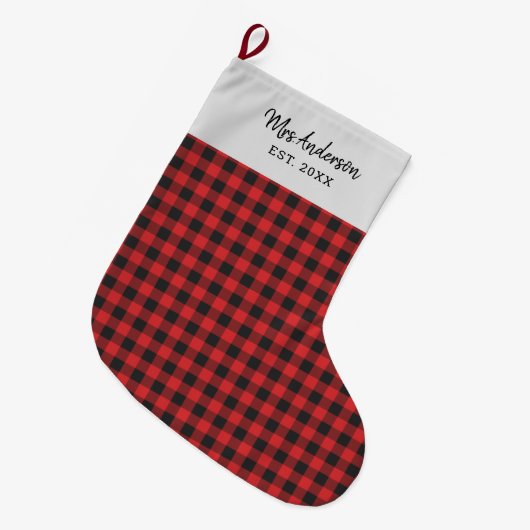 Persoonlijke feestdag Gingham Black Red Rustic Grote Kerstsok (Voorkant (Hangend))