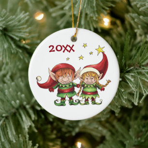 Persoonlijke feestdag met Elf Couple Keramisch Ornament