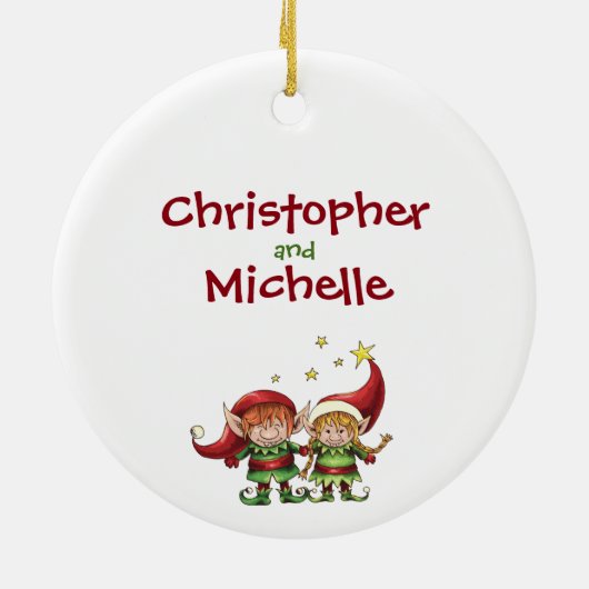 Persoonlijke feestdag met Elf Couple Keramisch Ornament (Achterkant)