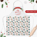 Persoonlijke feestkoekjes en bomen schort<br><div class="desc">Prachtige vakantie-schort met alle tekstgebieden die beschikbaar zijn voor uw eigen aanpassingen! Uniek ontwerp met banner met heilig en mistletoe,  gebied voor jouw naam/familienaam,  bericht bovenaan. Onderste gebied met een voortreffelijk feestpatroon met kerstbomen,  sterren en boomvormige vakantiekoekjes. Geweldig uniek geschenk,  zeker als je schat bent.</div>