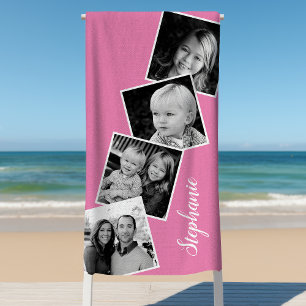 Persoonlijke filmstrook roze collage van 4 foto's strandlaken